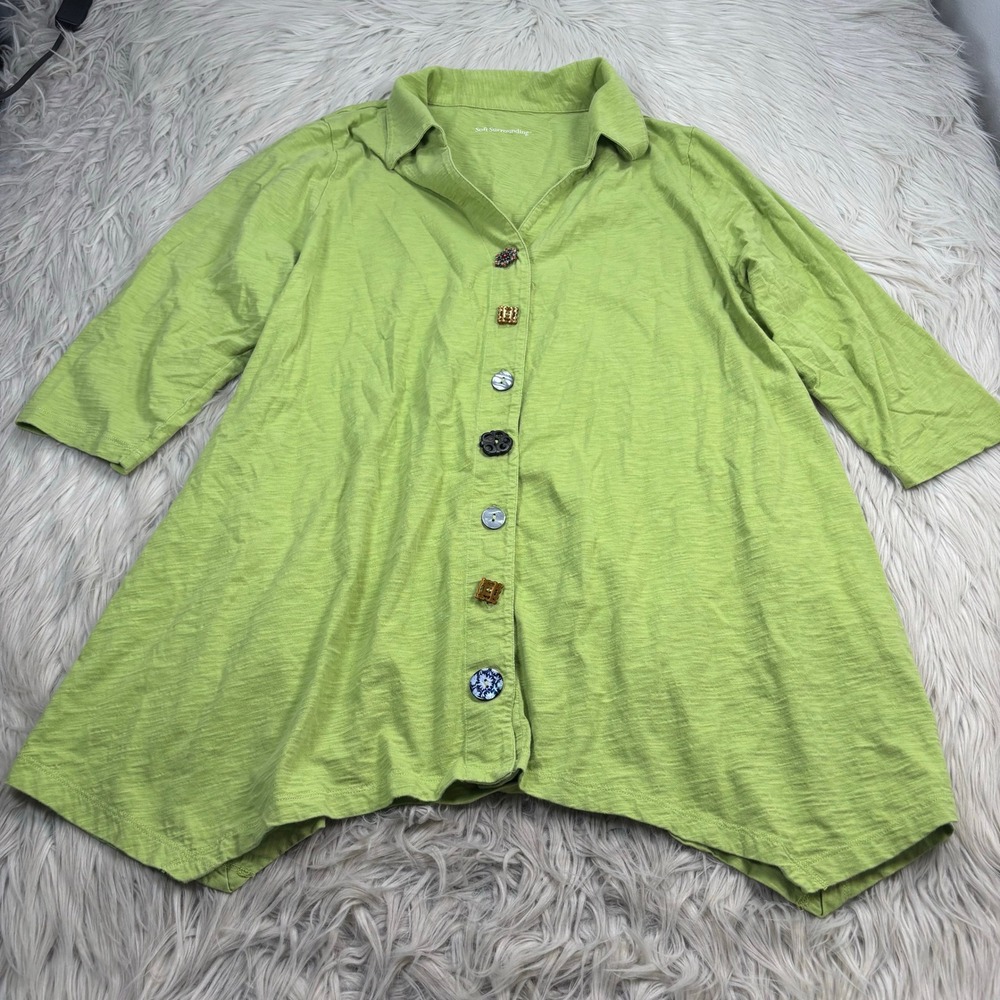 Soft Surroundings Women's L XL Lime Green Button Front Tunic Top Shark Bit Hem